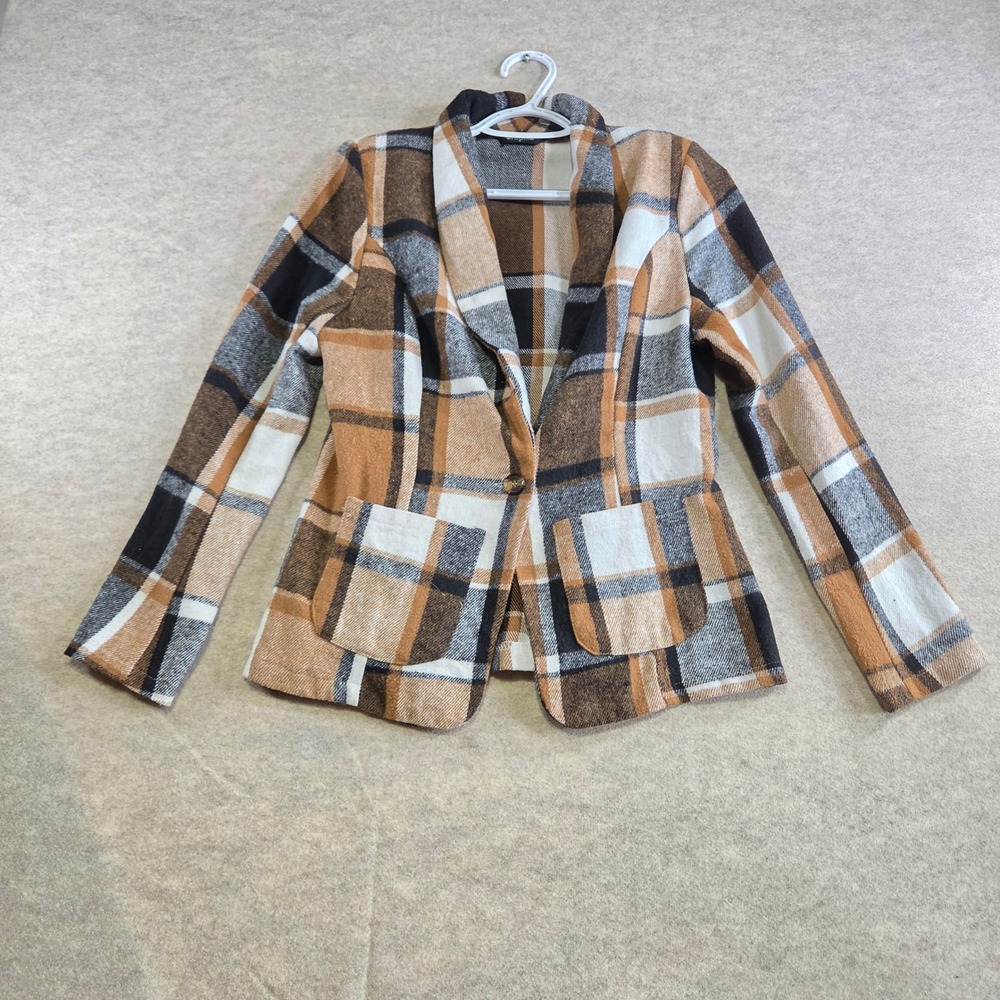 ChicMe Brown Plaid Shawl Lapel Single Button Blazer Jacket Small LZR120650G